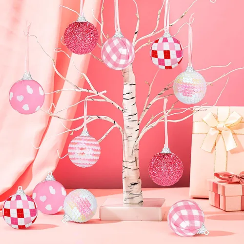 Vista 7 de Zhanmai 12 adornos de bola para el día de San Valentín, mini bolas envueltas de tela rosa de 1.97 pulgadas, adornos decorativos colgantes