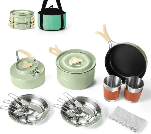 Vista 11 de Odoland 15pcs Camping Cookware Mess Kit, Non-Stick Lightweight Pot Pan Kettle Set with Stainless Steel Cups Plates Forks Knives Spoons for Camping