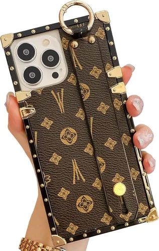 Vista 15 de Funda rectangular de cuero compatible con 11 con correa para pulsera, funda de diseño de lujo para mujeres y niñas, funda protectora con soporte