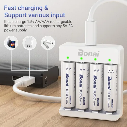 Vista 8 de BONAI Baterías recargables AA de litio con cargador, 3000 mWh 1.5 V pilas AA para cámara Blink 8 unidades con carga rápida de 2 horas, color azul
