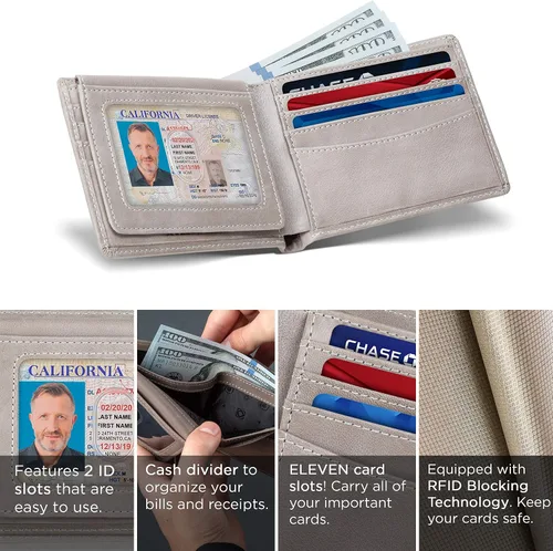 Vista 4 de SERMAN BRANDS Billetera de piel con 2 ventanas de identificación para hombre, con bloqueo RFID, doble tapa superior, billetera de viaje de capacidad