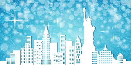 Vista 2 de BELECO Telón de fondo de tela de 5 x 3 pies con diseño de Feliz Navidad en Nueva York, escena de nieve, puntos con purpurina azul, estrellas