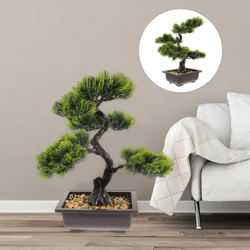 Vista 8 de Árbol de pino bonsái artificial, simulación de imitación de planta en maceta, exhibición de escritorio, adornos de maceta de árbol falso, planta