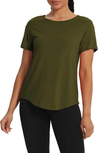 Vista 5 de Bestisun Camisetas atléticas de entrenamiento de manga corta para mujer, con lazo en la espalda, deportes, gimnasio, espalda de malla, ropa de yoga