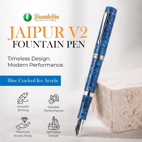 Vista 2 de FPR Jaipur V2 - Pluma estilográfica recargable con relleno de pistón azul para escritores Ultra Flex Nib, Cracked Ice Acrylic Body, Ebonite Feed