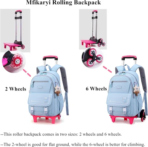 Vista 4 de Mfikaryi Mochila con ruedas para niñas, mochila con ruedas, Púrpura-2 Ruedas