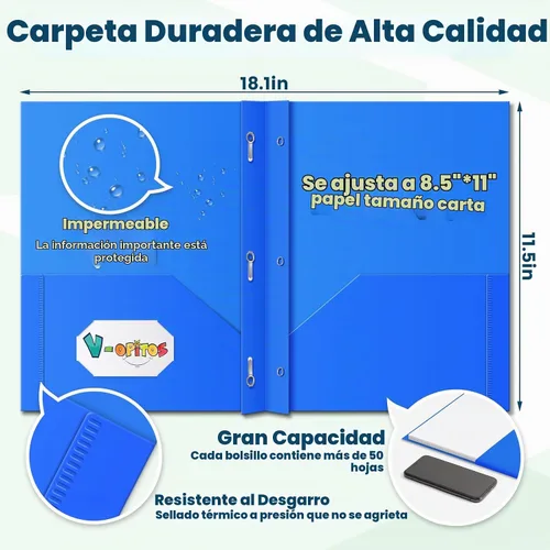 Vista 3 de V-Opitos Paquete de 6 carpetas de plástico de 2 bolsillos con 3 clavijas 6 colores, carpetas de archivos a granel, resistentes, escuela y oficina