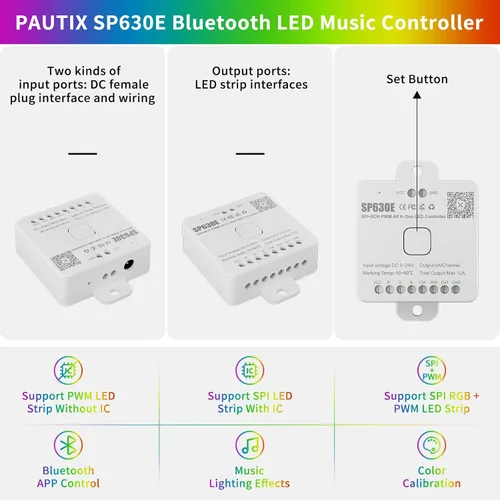 Vista 4 de PAUTIX Controlador de música LED Bluetooth 12 en 1, controlador de color completo SP630E, control de aplicación iOS/Andriod compatible con casi