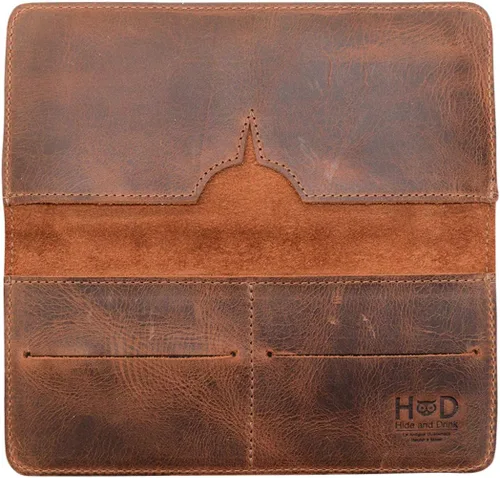 Vista 4 de Hide & Drink, Cartera para teléfono celular hecha a mano de cuero de grano completo, Bourbon Marrón, Cartera de viaje