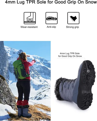 Vista 5 de Botas de nieve para mujer, impermeables, a media pantorrilla, antideslizantes, para exteriores, cálidas, para invierno