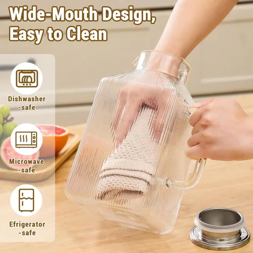 Vista 7 de Jarra de vidrio cuadrado grueso de 1 galón con tapa, jarras de agua clásicas a rayas para refrigerador, jarra de vidrio de borosilicato para bebidas