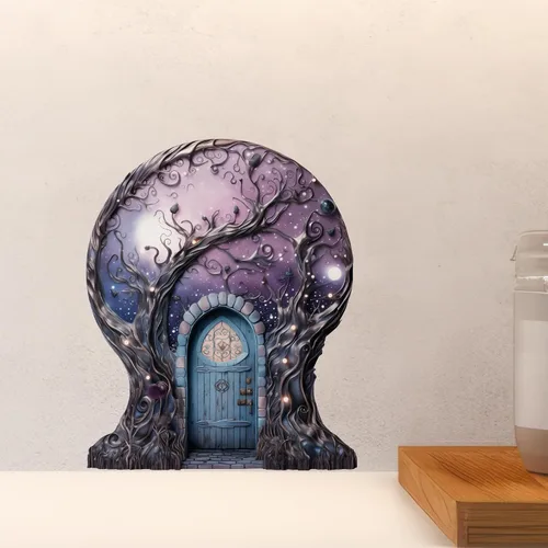 Vista 5 de Cielo de nebulosa estrellada con decoración de luna de casa de árbol, calcomanía de pared para puerta de hadas