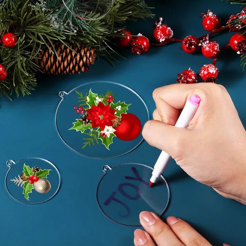 Vista 4 de 36 piezas de adornos acrílicos transparentes en blanco, adornos de círculo redondo de plástico para manualidades con cinta roja, decoración