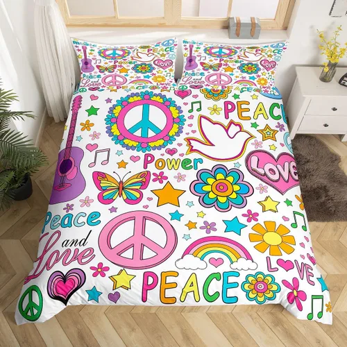 Vista 14 de Groovy Flowers - Funda de edredón de flores hippy girl, juego de ropa de cama con diseño de flores de arco iris, espiral, rayas, floral, juego