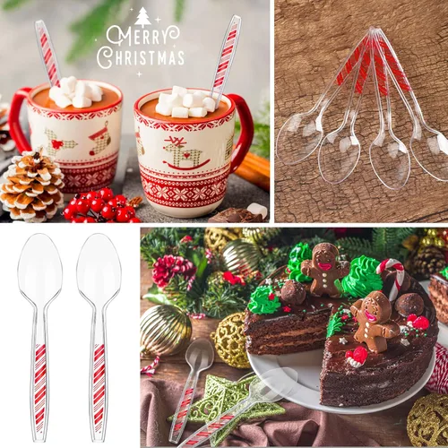 Vista 6 de Paquete de 100 cucharas desechables de plástico transparente de Navidad con patrón de rayas rojas, utensilios transparentes para tartas