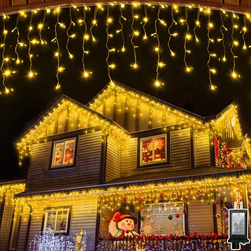 Vista 10 de 612 luces LED de Navidad de 60 pies con 136 gotas, 12 modos regulables, luces colgantes blancas frías al aire libre con memoria de temporizador