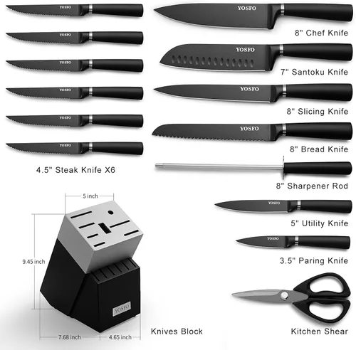 Vista 2 de Juego de cuchillos con bloque y afilador, 15 piezas de cuchillos de cocina con bloque, juego de cuchillos japoneses de acero inoxidable de alto
