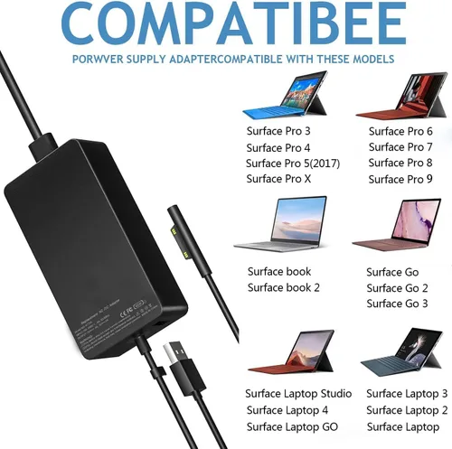 Vista 5 de Cargador de portátil Surface Pro de 65 W para Microsoft Surface Pro 10/9/8/7/6/5/4/3/X, Windows Surface Laptop 6/5/4/3/2/1, Surface Book 3/2/1