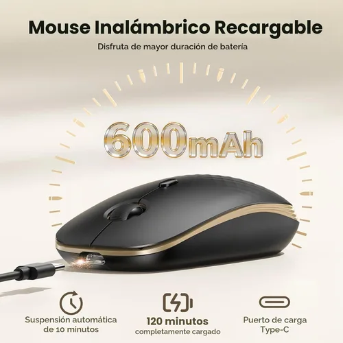 Vista 3 de TECKNET Ratón inalámbrico, recargable delgado, portátil, silencioso con receptor USB de 2.4 GHz, silencioso y ligero, batería de larga duración