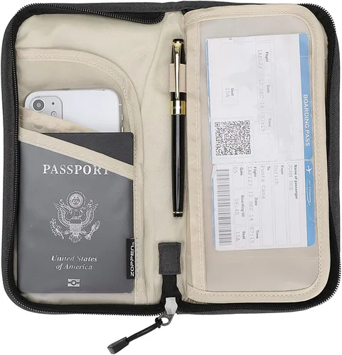 Vista 3 de ZOPPEN Cartera de viaje RFID y organizador de documentos con cremallera con correa de muñeca extraíble Cartera RFID