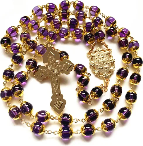 Vista 4 de elegantmedical HECHO A MANO ORO NATURAL 8MM AMATISTA CUENTAS ROSARIO CRUZ CATÓLICO COLLAR CAJA DE REGALO, Cristal