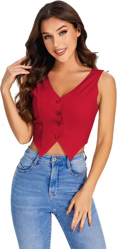 Vista 7 de SweatyRocks Chaleco corto con dobladillo asimétrico y botones en la parte delantera para mujer, cuello en V, sin mangas, para mujer
