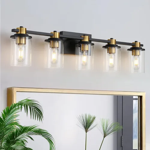 Vista 10 de LOUSACE Lámpara de baño negra y dorada, 3 luces de tocador de baño, moderna luz de baño sobre espejo con pantallas de vidrio transparente, enchufe