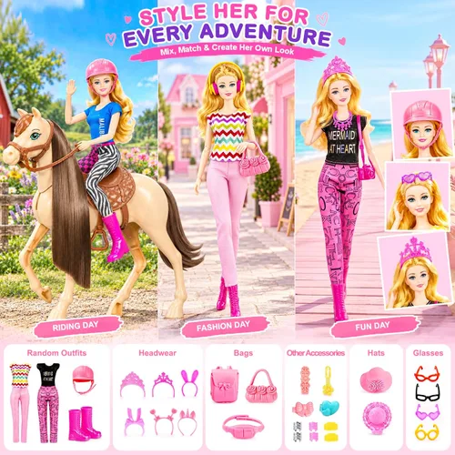 Vista 5 de 60 piezas de caballo de muñeca con muñeca, ropa y accesorios para regalos