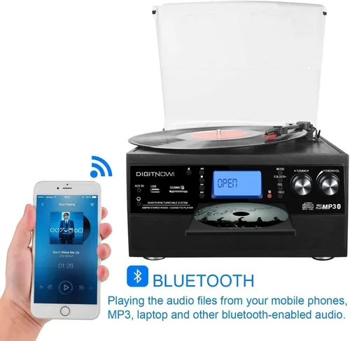 Vista 3 de FEKTIK Tocadiscos Bluetooth 10 en 1 con altavoz integrado, reproductor de discos de vinilo, casete de CD y radio FM, entrada AUX en salida RCA, USB