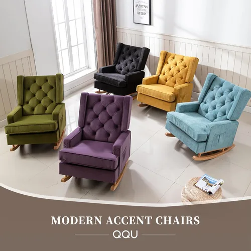 Vista 7 de QQU Mecedora con brazos, silla de ocio para interiores, cómoda silla de respaldo alto con base de madera maciza, bolsillo lateral para sala