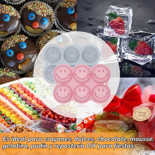 Vista 7 de Paquete de 2 moldes de silicona para gelatina de cara sonriente en 3D, molde para hornear con temática de emoticonos, bandeja de cubitos de hielo
