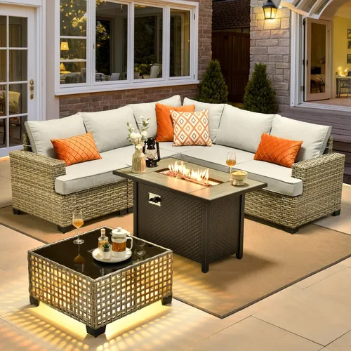Vista 85 de HOOOWOOO Juego de muebles seccionales de patio con mesa de luz solar, 6 piezas de mimbre para exteriores, sofá en forma de L, juego de conversación