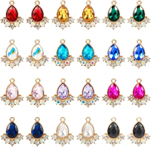 Vista 28 de Cheriswelry 48 colgantes de diamantes de imitación de resina en forma de lágrima con ajustes de latón dorado con diamantes de imitación facetados