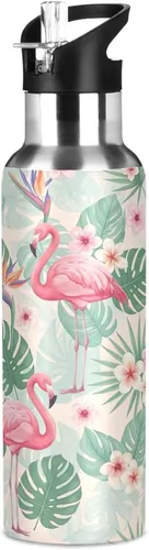 Vista 8 de BPA-Free Sports Water Bottle 20 Oz, Insulated Stainless Steel Water Bottle with Straw for Gym Outdoor Travel School, Tropical Leaves Pink Flamingos