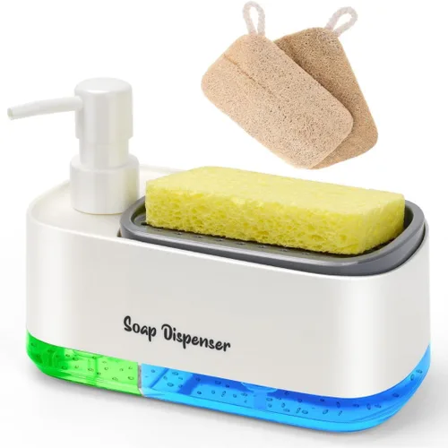 Vista 5 de Dispensador de jabón para platos de cocina con soporte para esponja, dispensador de bomba de jabón 2 en 1 para encimera, dispensador de jabón