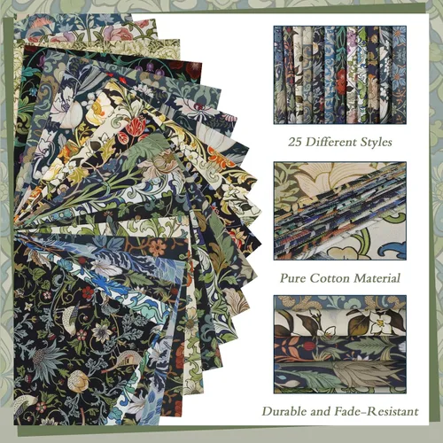 Vista 4 de 25 cuadrados de tela de algodón William Morris, 10 x 10 pulgadas, diseño Algodón precortado, 25 patrones florales vintage surtidos, para acolchar