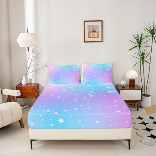 Vista 6 de Sábana bajera de galaxia tamaño individual, juego de ropa de cama con purpurina degradado para niños, niñas, niños y mujeres, decoración