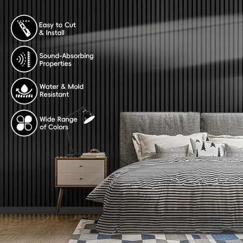 Vista 3 de EVERECO Paquete de 4 paneles de madera de 94.5 x 11 pulgadas para pared, paneles acústicos insonorizados de pared, paneles de pared 3D para Negro