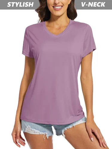 Vista 3 de MAGCOMSEN Women's T Shirts V-Neck Short Sleeve UPF 50+ Sun Protection Performance Quick Dry Workout Athletic Shirts Tee Tops