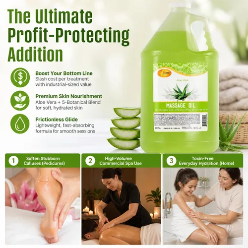 Vista 6 de SPA REDI Aceite de masaje profesional de aloe vera – 5 mezcla botánica con almendras, aguacate, girasol y vitamina E No graso, de rápida absorción