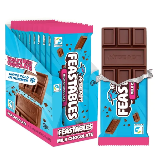 Vista 4 de MrBeast Feastables Barra de chocolate con caramelo, tamaño King, 10 unidades, cacao de comercio justo Candy bars, ships cold, clean ingredients