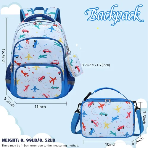 Vista 2 de MIRLEWAIY Mochila para niños de 15.7 pulgadas, juego de 3 piezas con lonchera y estuche para lápices para escuela, niñas, niños y estudiantes, Avión