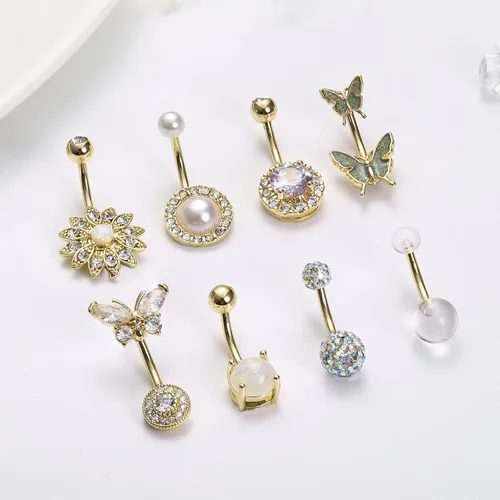 Vista 5 de Dochais 8 piercings para ombligo de acero quirúrgico para mujer, de acero inoxidable, ópalo, perla brillante, circonita cúbica, joyería de piercing