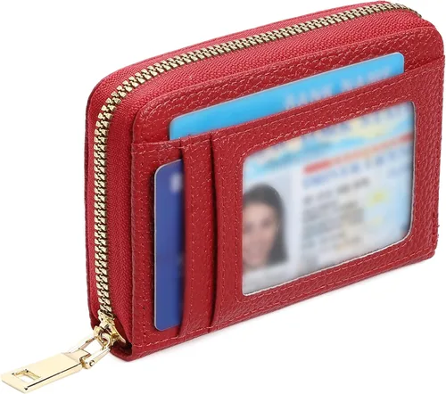 Vista 6 de GAEKEAO Cartera de piel con bloqueo RFID para mujer, pequeño, compacto, con cremallera, tarjetero con ventana de identificación y bolsillo