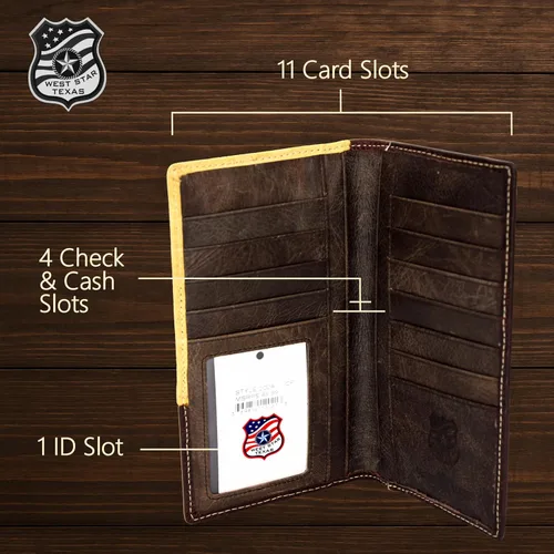 Vista 5 de Cartera Western para hombre - Cartera de piel auténtica con incrustaciones y concho (café)