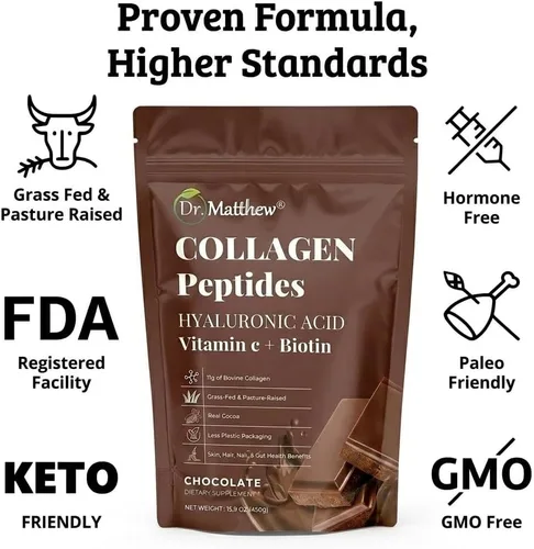 Vista 8 de Colágeno en polvo de chocolate. Colágeno con ácido hialurónico y vitamina C. Péptidos de colágeno de chocolate en polvo. Colágeno con vitamina C