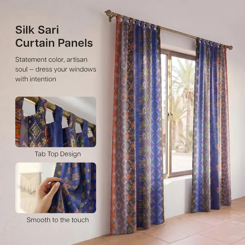 Vista 4 de THE ART BOX Cortinas sari de seda azul – Paneles de ventana de retazos bohemios, cortinas de mezcla de seda reciclada india para sala de estar