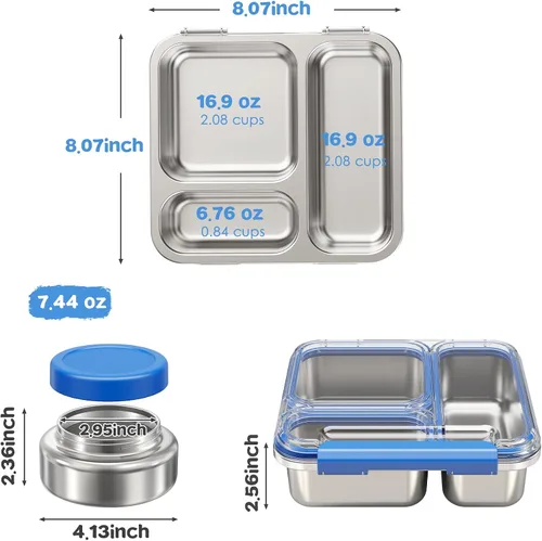 Vista 7 de Pawtong Caja Bento de Acero Inoxidable para Niños y Adultos con Frasco de Comida Aislado de 7 oz, Caja de Almuerzo de Metal con Tapa Transparente