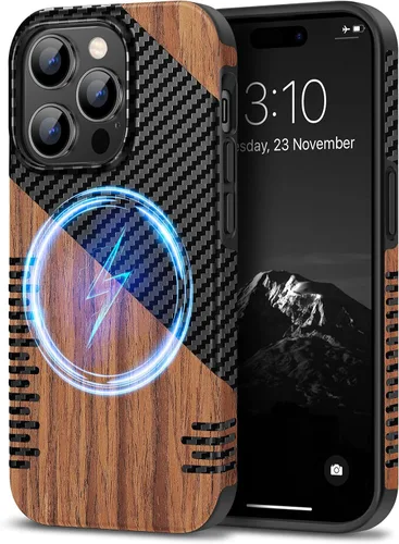 Vista 11 de TENDLIN Compatible con Funda para iPhone 14 de Grano de Madera con Diseño de Textura de Fibra de Carbono, Funda Híbrida de Cuero delgada Negra Negro