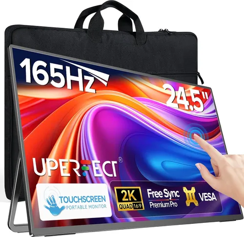 Vista 11 de UPERFECT Monitor portátil con pantalla táctil 2K QLED, monitor de juegos de 22" con VESA y soporte ajustable de 180°, 2560×1440 QHD FreeSync HDR